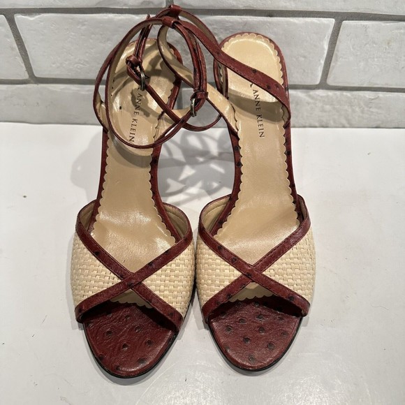 Anne Klein Women 7. 5M Straw Weave Open Toe Ankle Strap Heels Maroon Leather‎ - Picture 3 of 9
